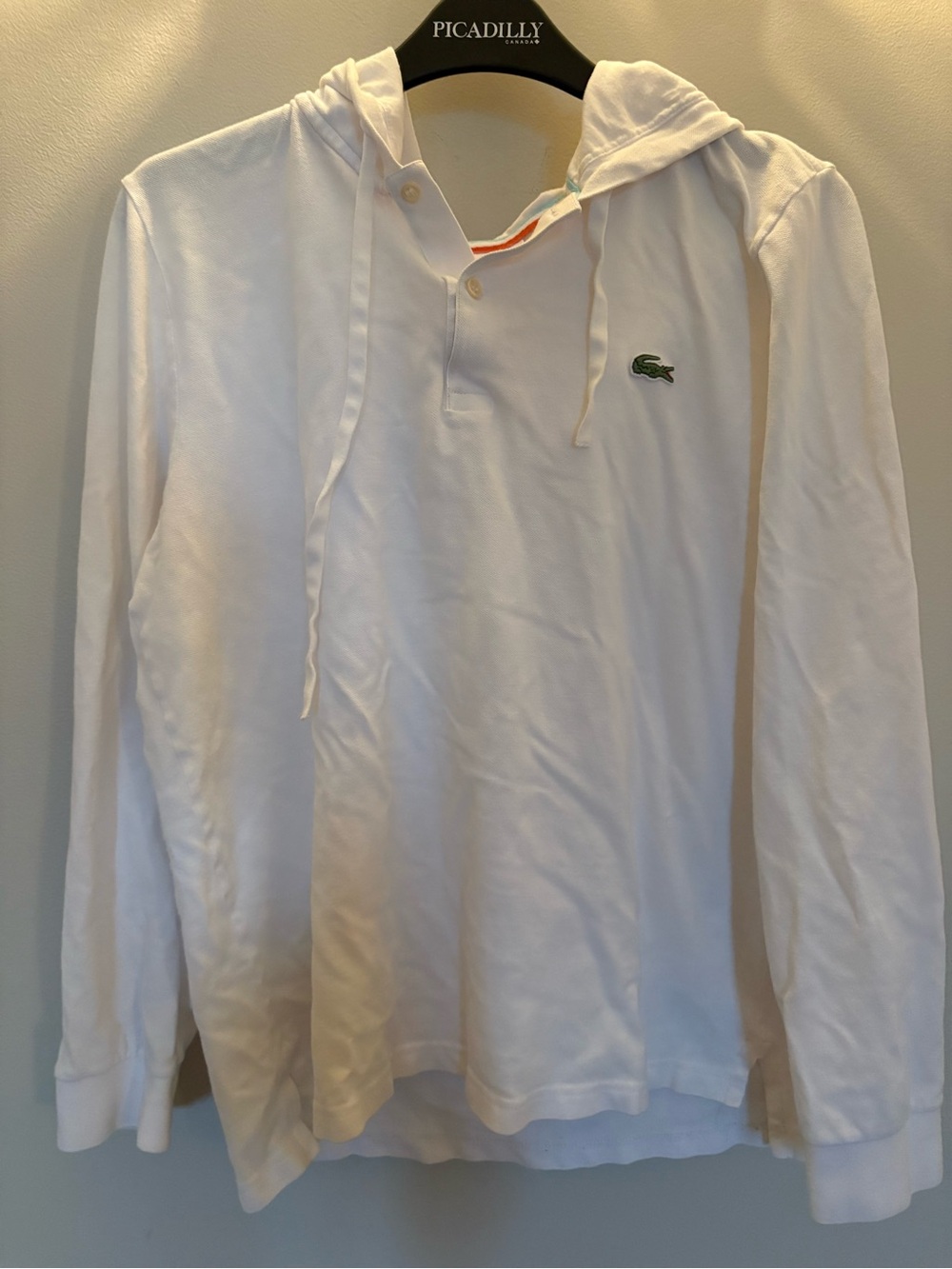 Lacoste White Long-Sleeve Hooded Polo with Green Crocodile Logo